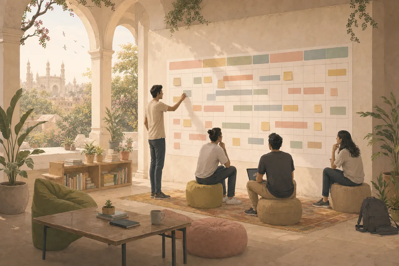 Founders planning the residency calendar rhythm inside the house