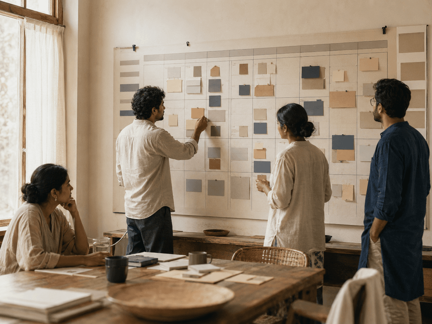 Founders reviewing a strategy wall inside the residency room
