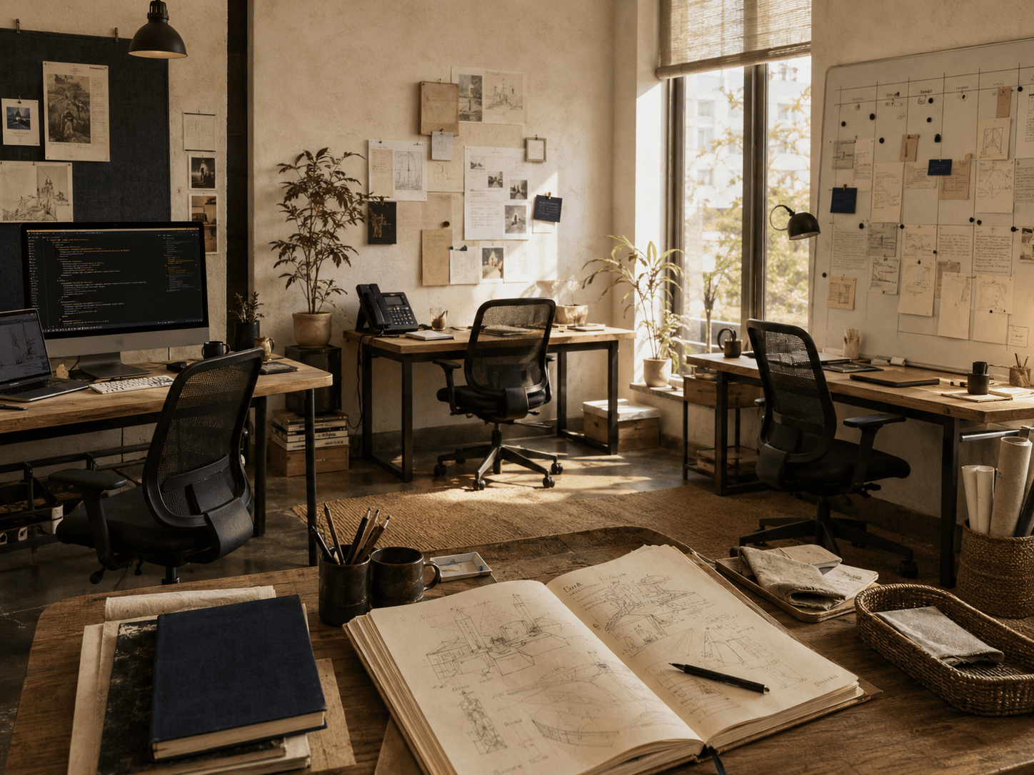 Warm founder workspace with desks, monitors, and planning boards