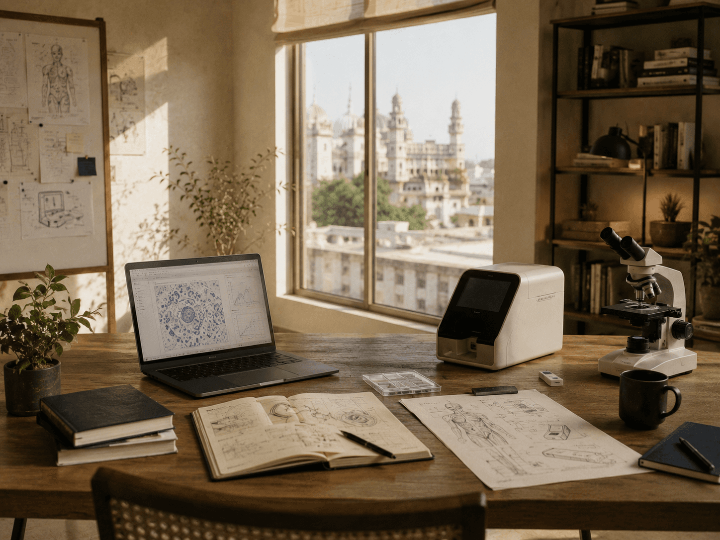 Healthcare and technical research materials in a Hyderabad founder room