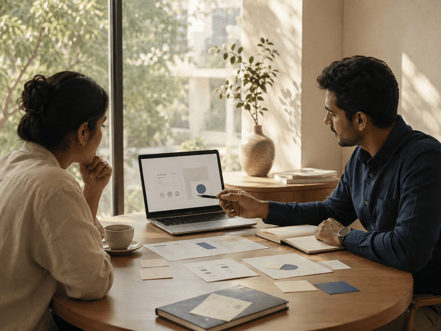 Founder and investor reviewing a laptop in office hours