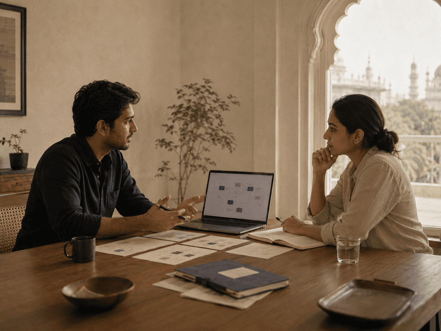 Founder and partner discussing pilots beside a laptop