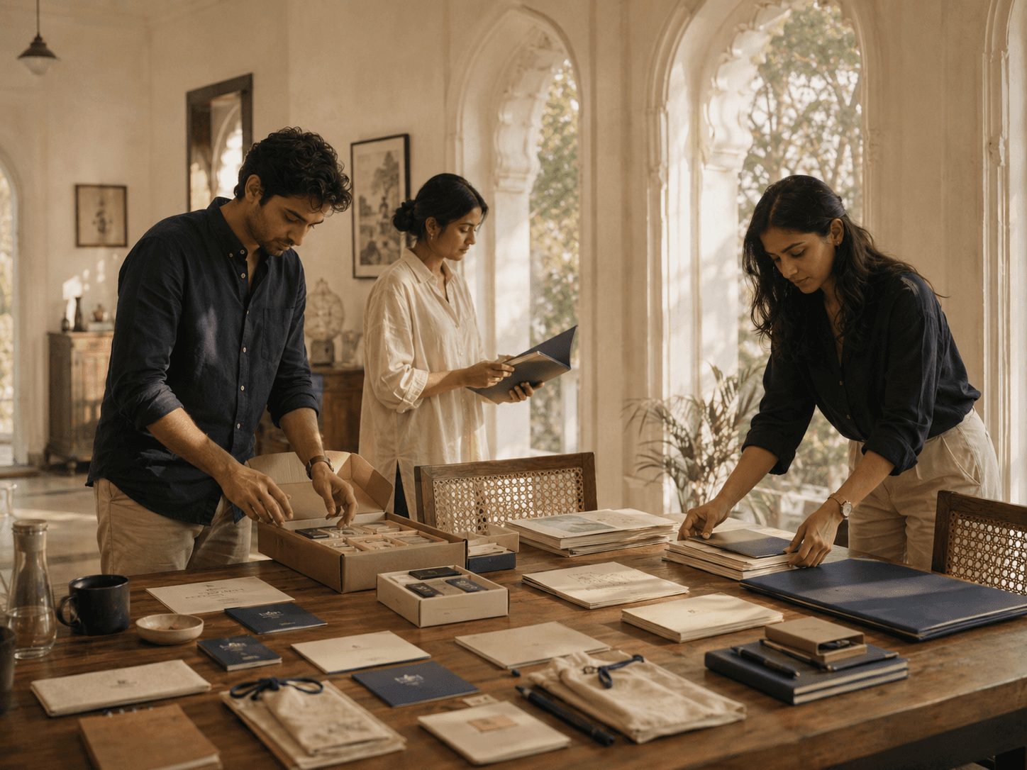 Partners arranging founder support materials in the residency room